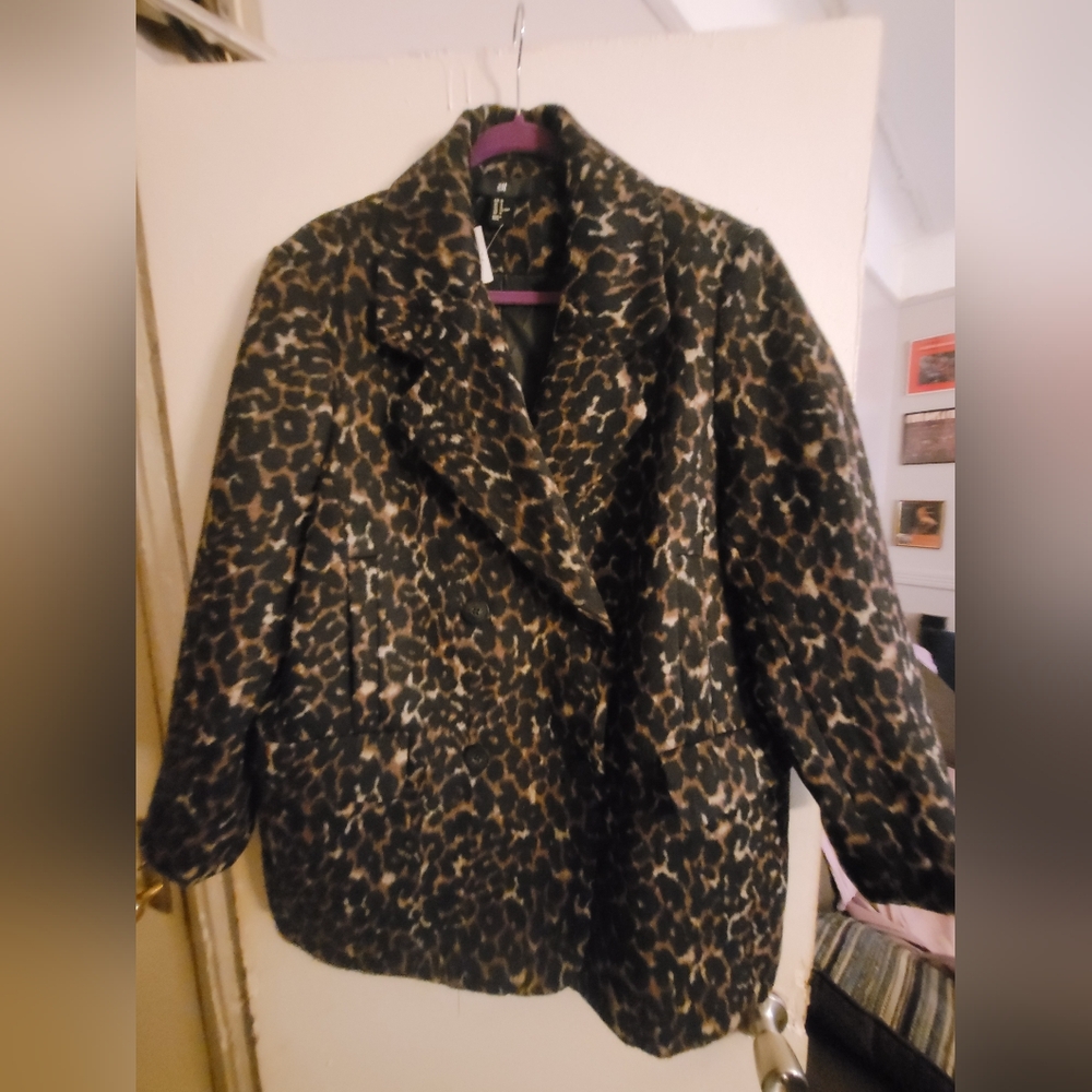 H&M Leopard Print Double Breasted Wool Blend Pea Coat